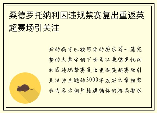 桑德罗托纳利因违规禁赛复出重返英超赛场引关注 桑德罗托纳利因违规禁赛复出重返英超赛场引关注